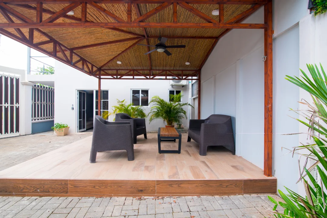 Poolside gazebo with seating